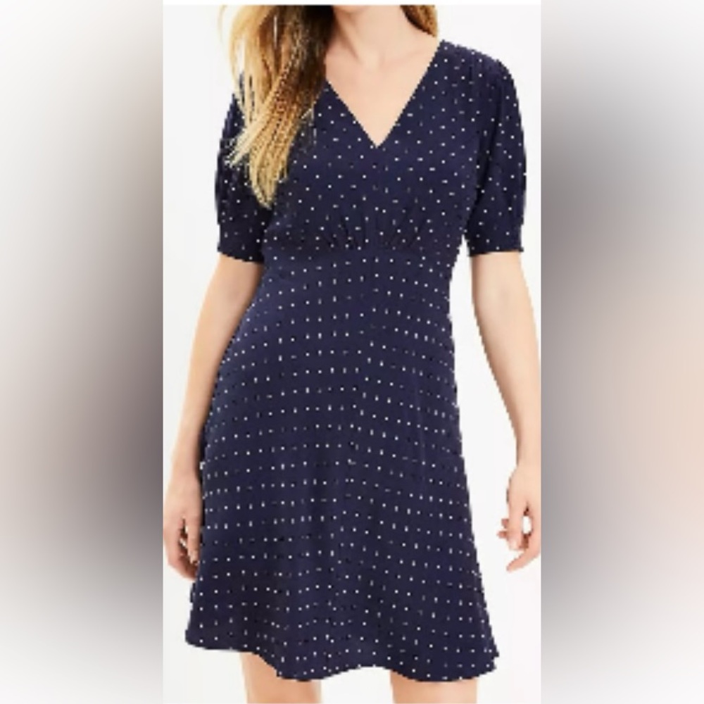 LOFT Navy Polka Dot V‑Neck Midi Dress